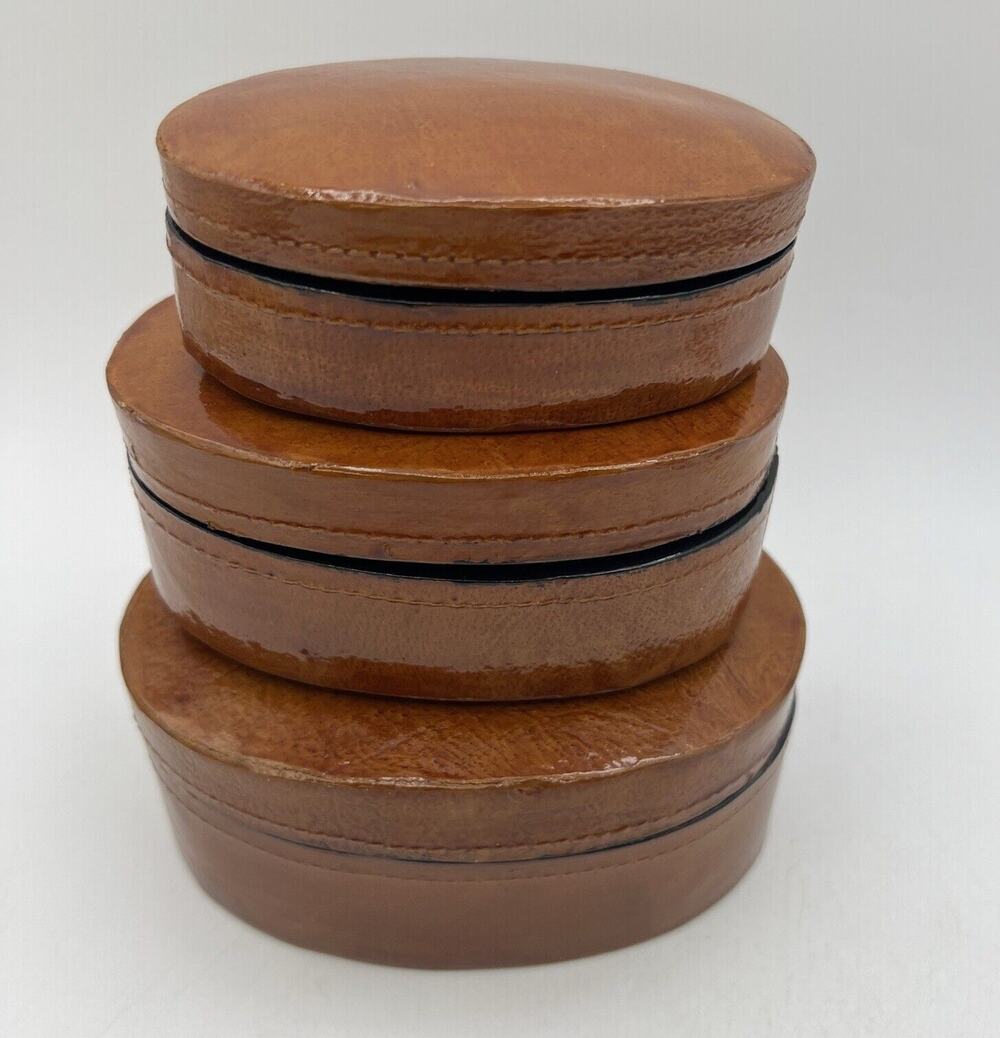 Set 3 Brown Oval Lacquer Nesting Trinket Boxes 5.25" Box Works Handmade